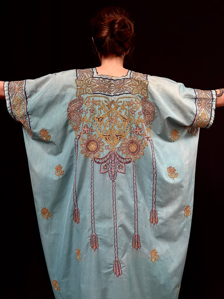 Antique Metallic Embroidered Turquoise Robe: C1910 Turkish