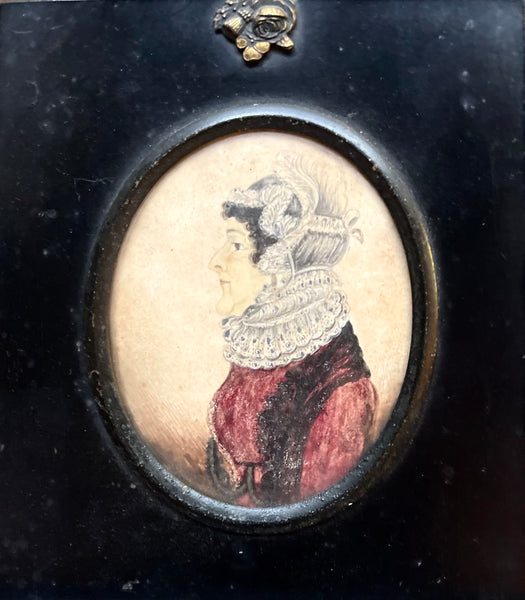 Miniature Hand-painted Watercolour Portrait Lady with Intricate Lace Collar: C1800 English