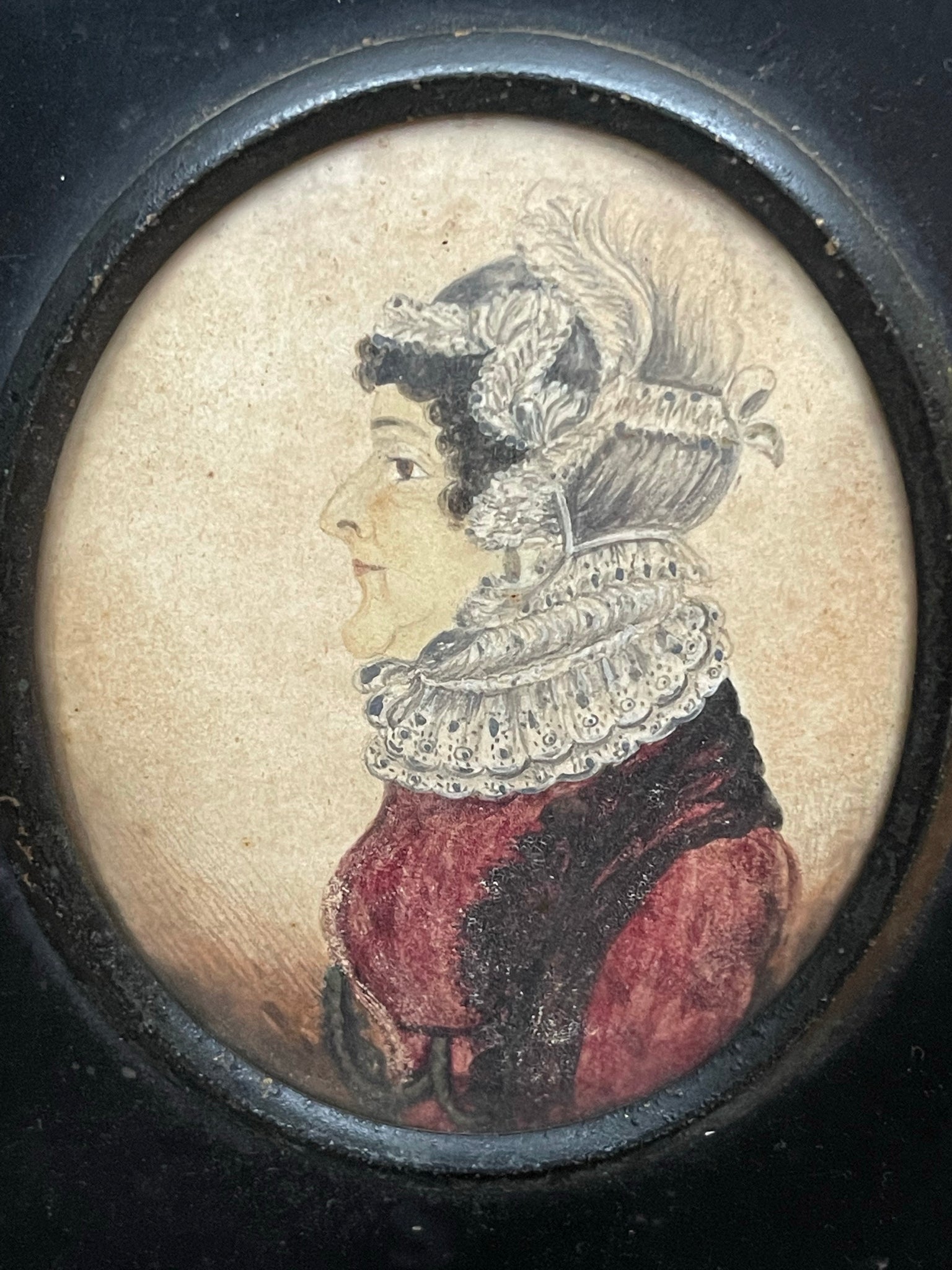 Miniature Hand-painted Watercolour Portrait Lady with Intricate Lace Collar: C1800 English