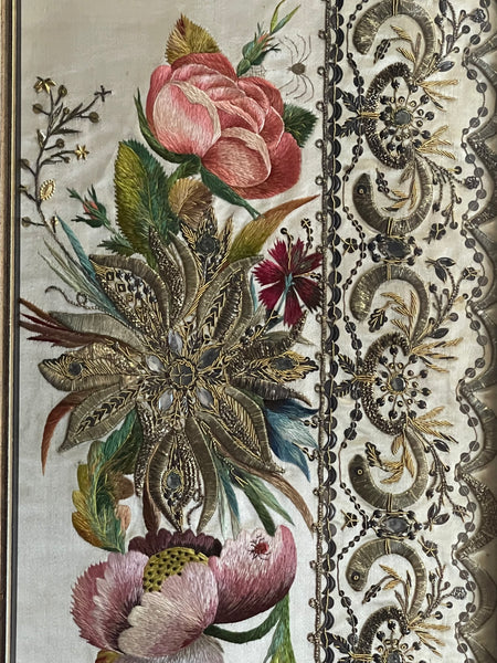 Pair of Museum Quality Italian Embroideries with Flowers and Insects Framed: C18th Italy