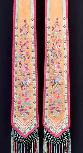 Pair of Embroidered Silk Mirrored and Tasseled  Temple Hangings: C19th China