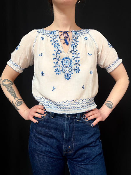 Blue and White Silk Embroidered Blouse: C1930s Hungary