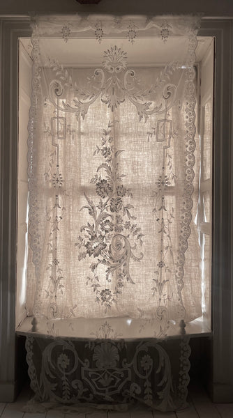 Art Nouveau Embroidered Lace Appliqué Curtain Panel Chateau Length: C1910 France