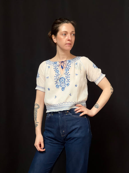 Blue and White Silk Embroidered Blouse: C1930s Hungary