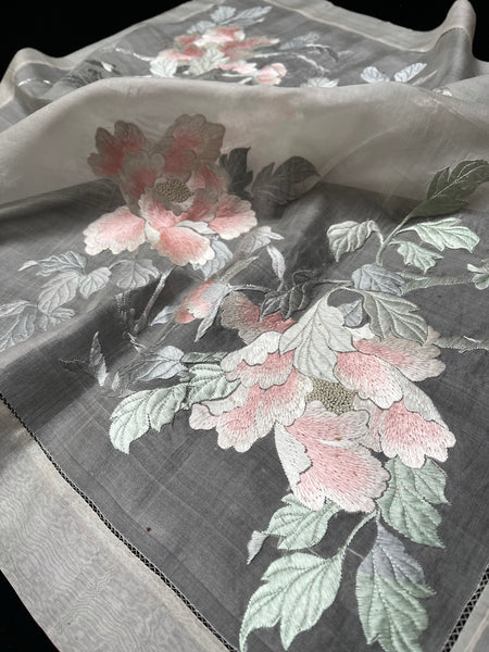 Antique Silk Embroidered Organza Panel with Peonies: C1910 Japan