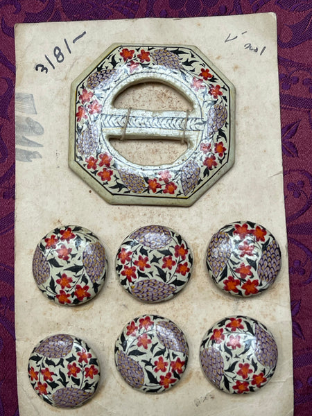 Hand Painted Papier-mâché Buttons and Buckle on Original Card: 1920 Kashmir, India