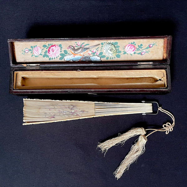 Silk Embroidered Fan in Original Hand Painted Box: C1900 Japan