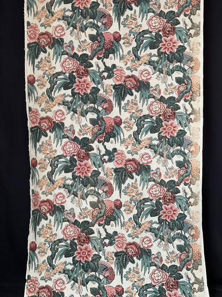Printed Chinoiserie Chintz Block-print Panel with Birds and Flowers : C1920 France