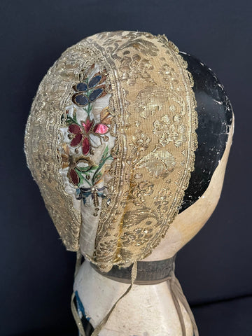 Silk Embroidered Wedding Bonnet with Gold Gilt Trim and Spangles: C18th European