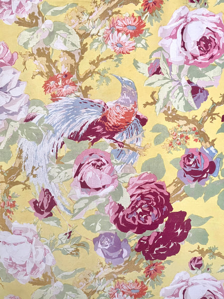 Painterly Chinoiserie Printed Textile with Roses and Exotic Birds: C1930 France