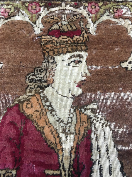 Antique Pictorial Portrait Carpet Fragment: 19th century, Kirman