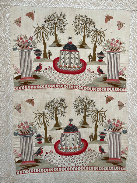 Fine Early Crewelwork Embroidery with Neoclassical Scenes: C1757 Rome, Italy