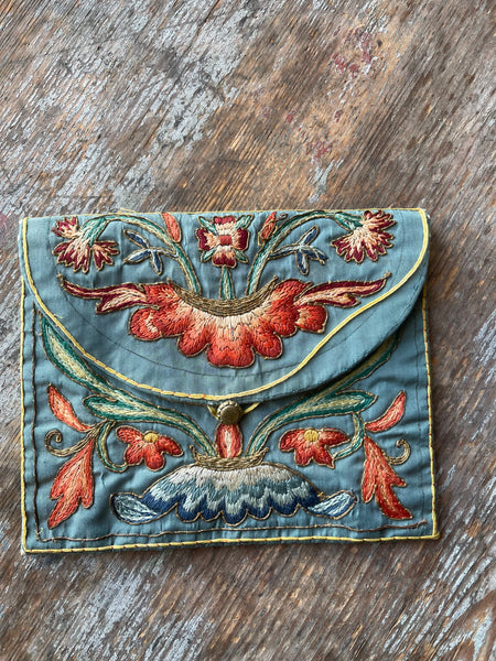 Rare Antique Floral Silk Pocket Book Envelope: C18th France