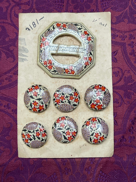 Hand Painted Papier-mâché Buttons and Buckle on Original Card: 1920 Kashmir, India